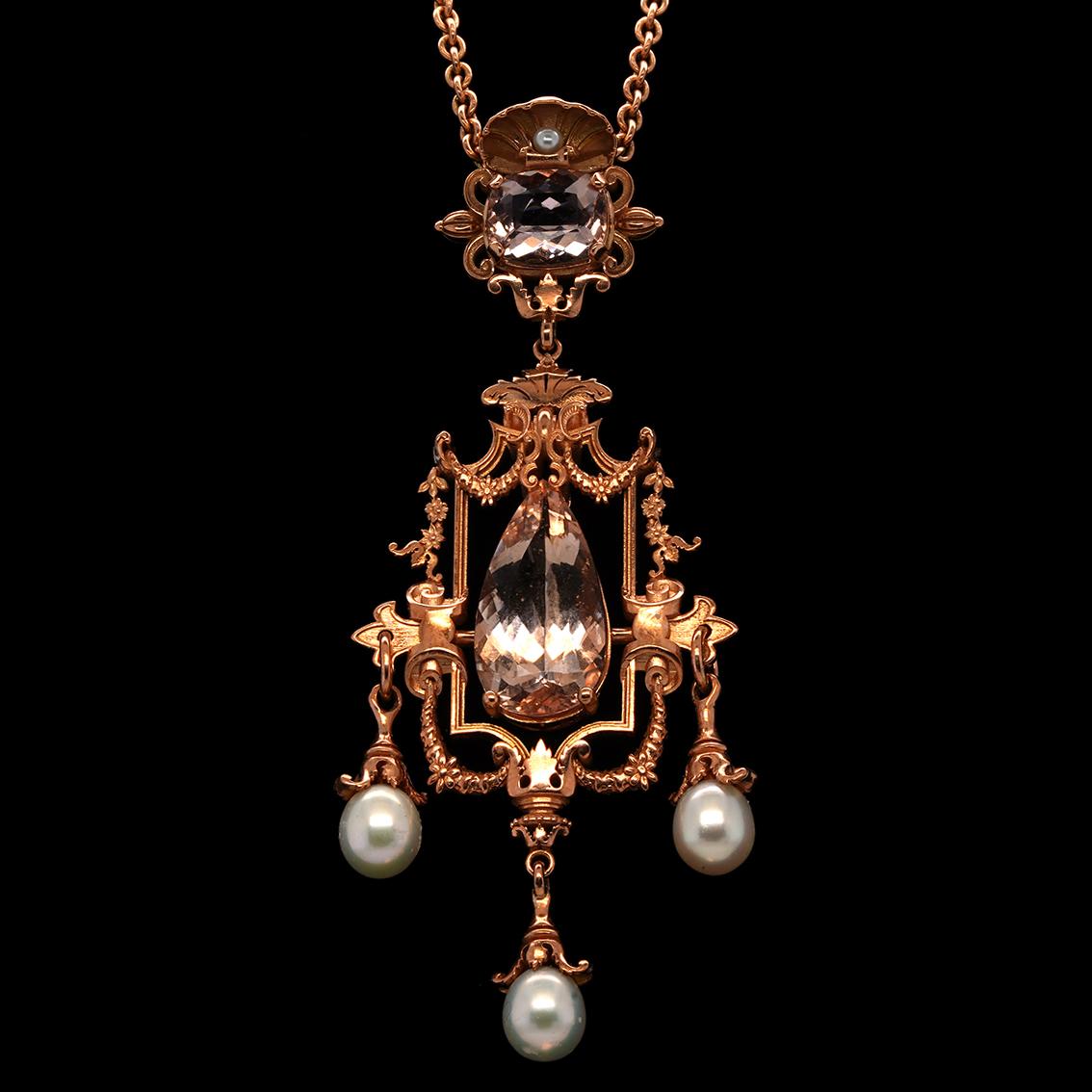 18.58ct Pink Morganite, Pearl & 9k Rose Gold Antique Style Pendant Necklace For Sale 7