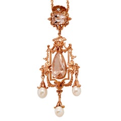 18.58ct Pink Morganite, Pearl & 9k Rose Gold Antique Style Pendant Necklace