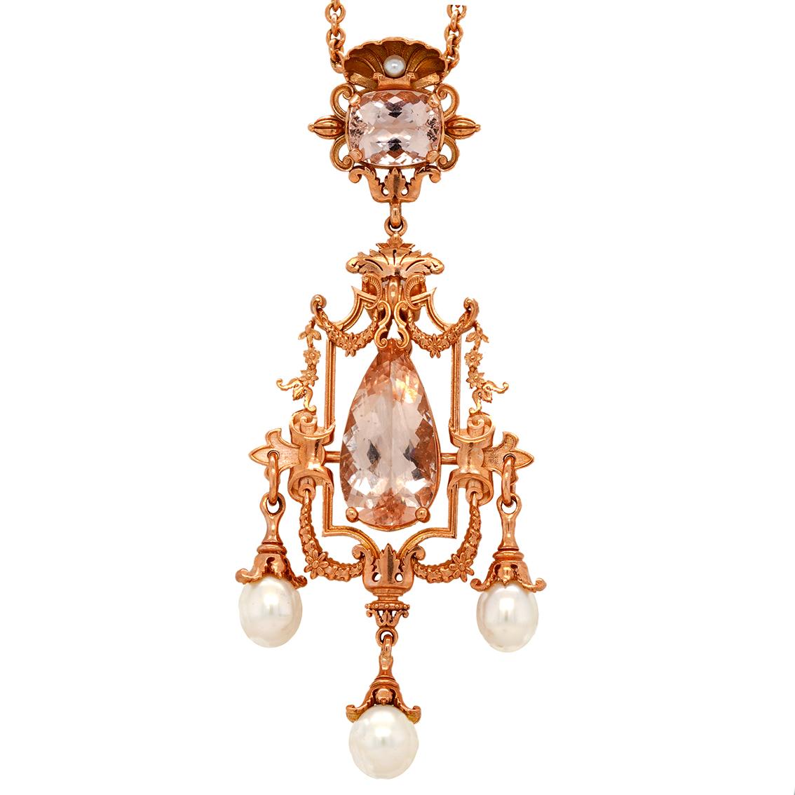 Victorian 18.58ct Pink Morganite, Pearl & 9k Rose Gold Antique Style Pendant Necklace For Sale
