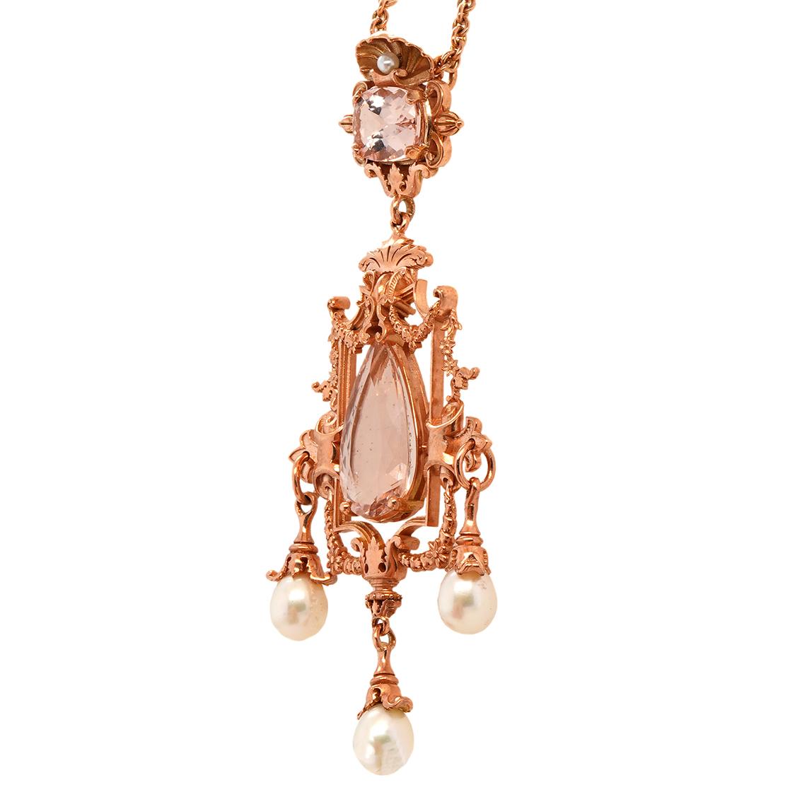 Pear Cut 18.58ct Pink Morganite, Pearl & 9k Rose Gold Antique Style Pendant Necklace For Sale