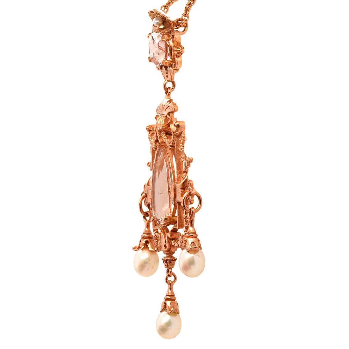 18.58ct Pink Morganite, Pearl & 9k Rose Gold Antique Style Pendant Necklace In New Condition For Sale In Melbourne, Vic