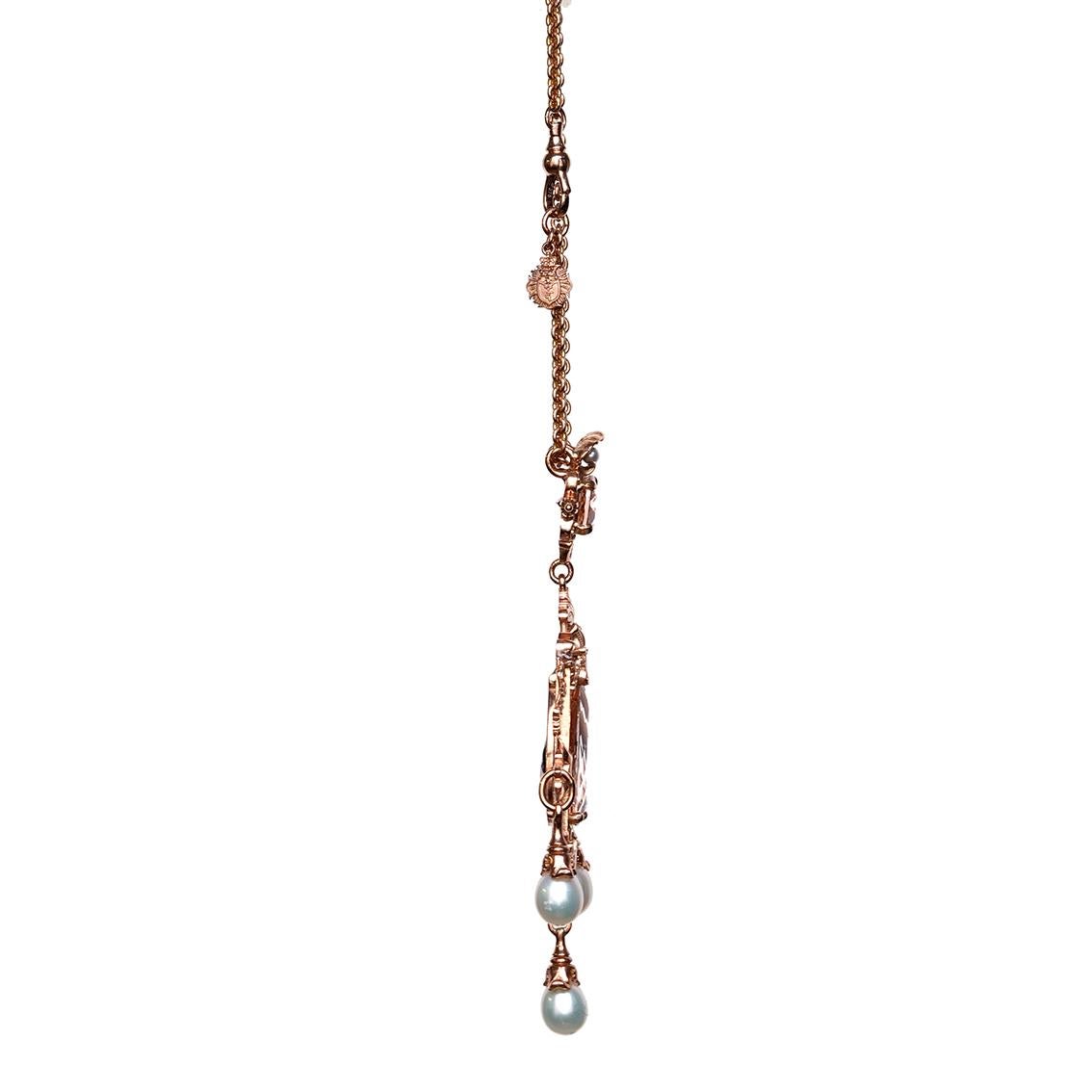 Women's 18.58ct Pink Morganite, Pearl & 9k Rose Gold Antique Style Pendant Necklace For Sale