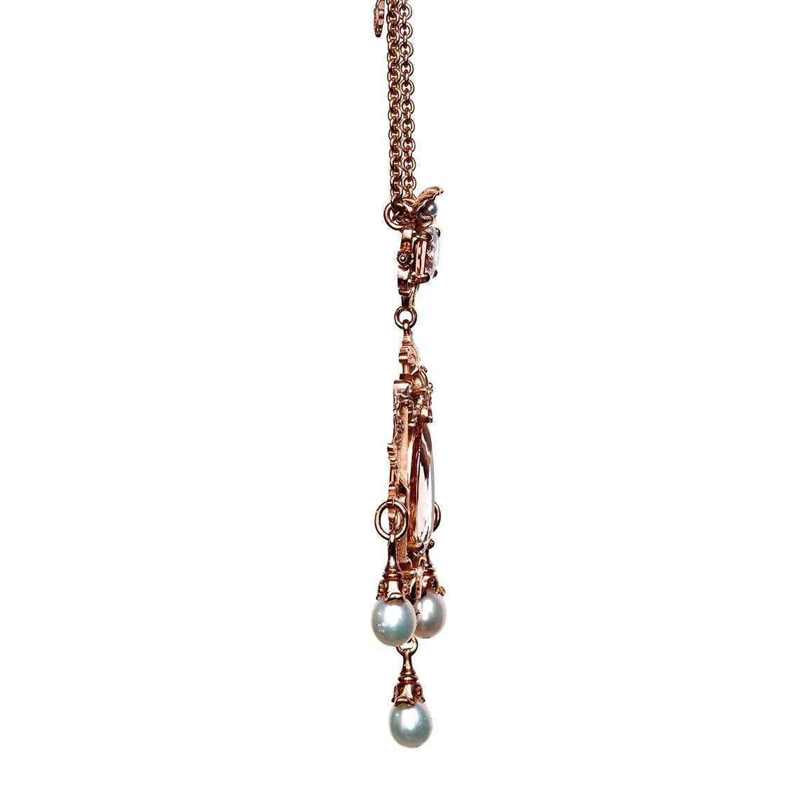 18.58ct Pink Morganite, Pearl & 9k Rose Gold Antique Style Pendant Necklace For Sale 2