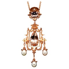 18.58ct Pink Morganite, Pearl & 9k Rose Gold Antique Style Pendant Necklace