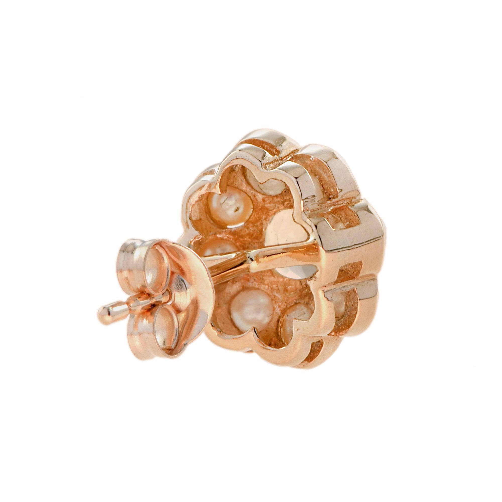 Taille ronde Morgane &  Boucles d'oreilles en or rose 14K avec pendentifs en perles et fleurs en vente