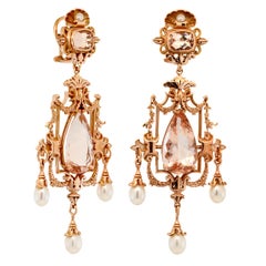 35.6ct Pink Morganite, Pearl & 9k Rose Gold Antique Style Chandelier Earrings