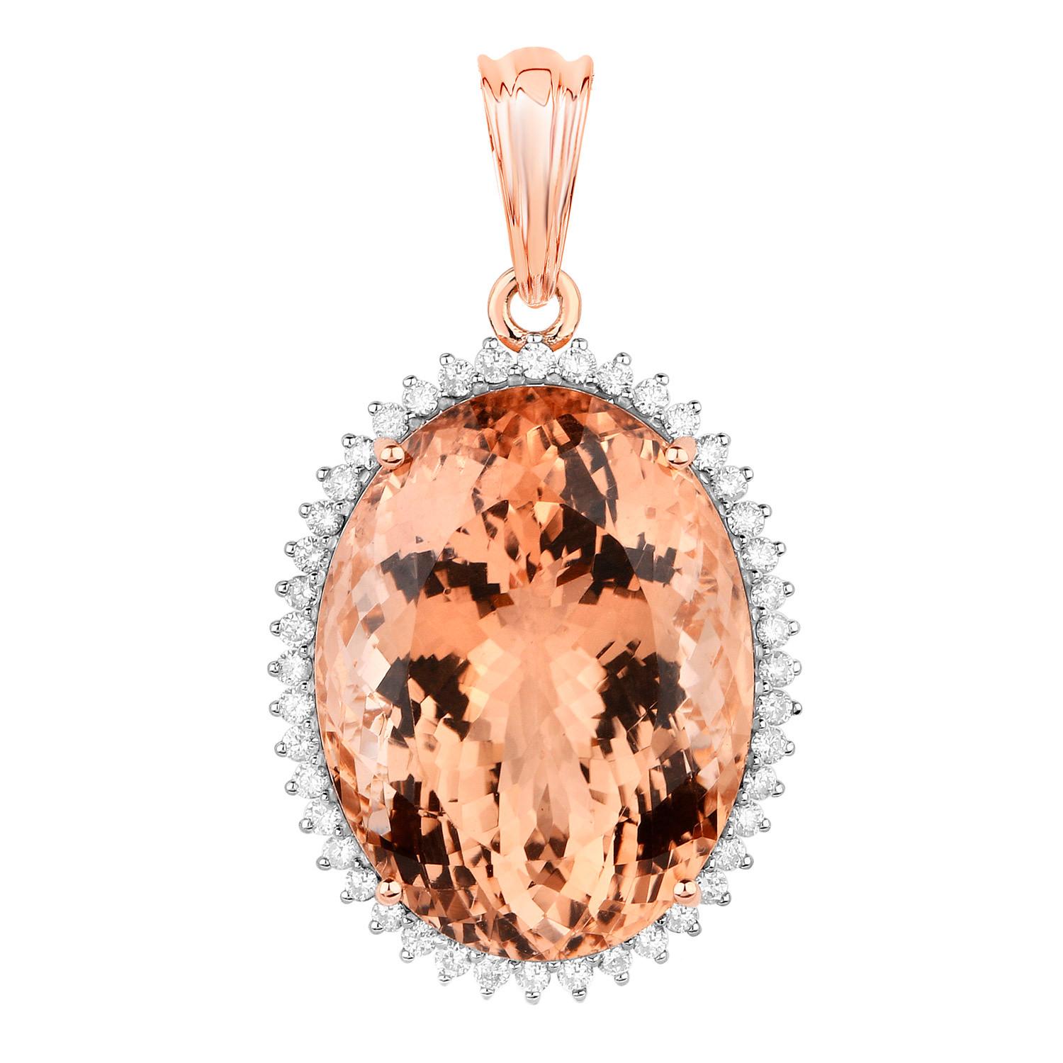 Oval Cut Morganite Pendant Necklace Diamond Halo 22 Carats 14K Rose Gold For Sale
