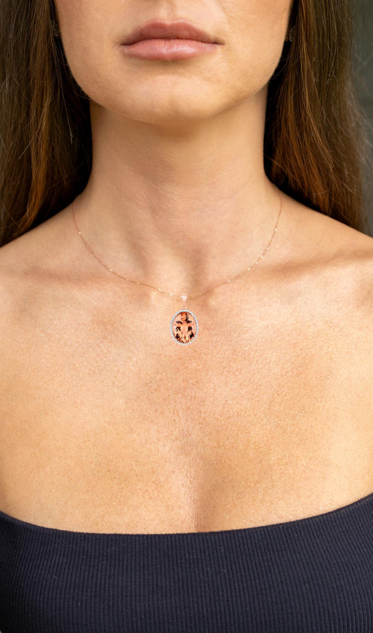 Contemporary Morganite Pendant Necklace Diamond Halo 22 Carats 14K Rose Gold For Sale