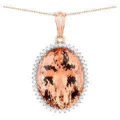 Morganite Pendant Necklace Diamond Halo 22 Carats 14K Rose Gold