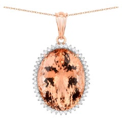 Morganite Pendant Necklace Diamond Halo 22 Carats 14K Rose Gold