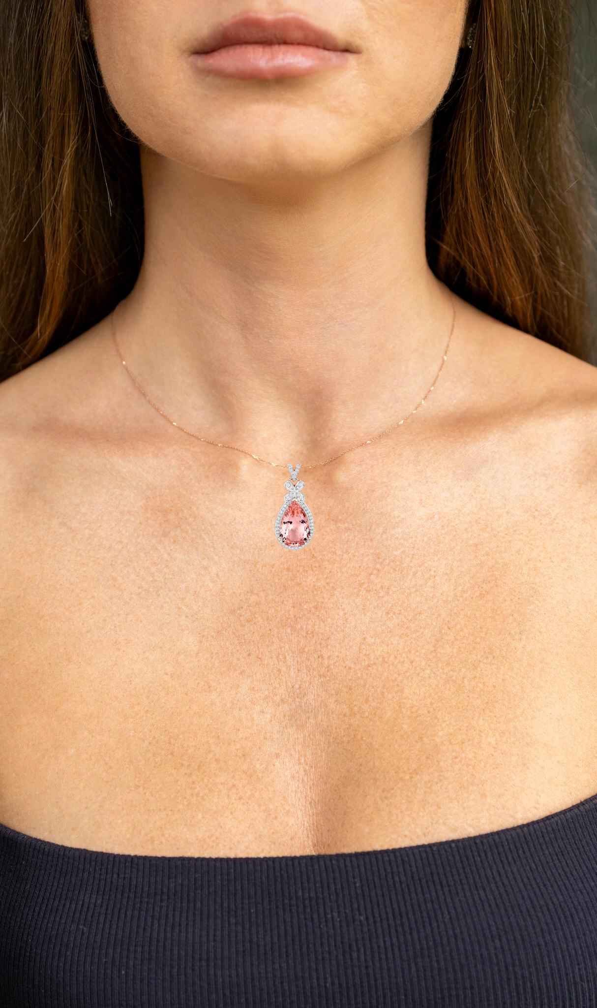 Pear Cut Morganite Pendant Necklace Diamond Setting 8.12 Carats 14K Rose Gold For Sale