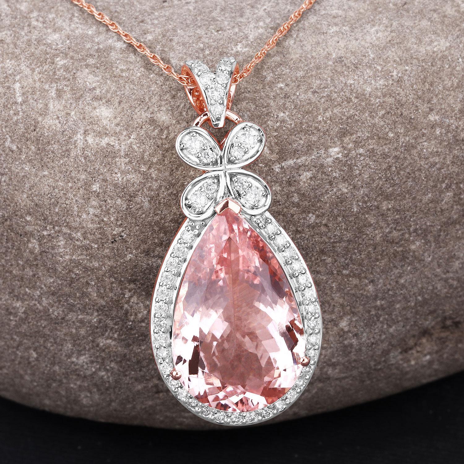 Morganite Pendant Necklace Diamond Setting 8.12 Carats 14K Rose Gold In Excellent Condition For Sale In Aliso Viejo, CA