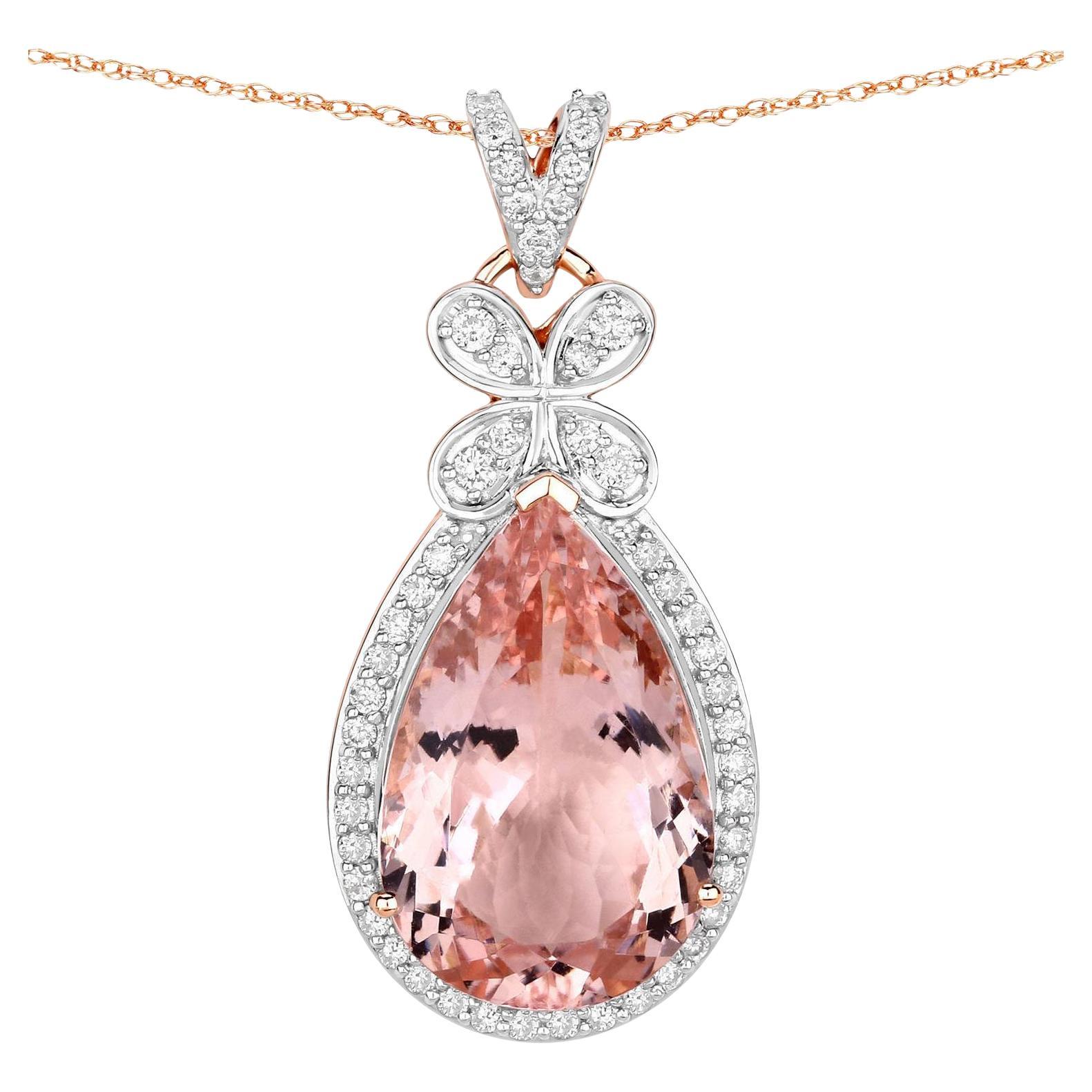 Morganit-Anhänger-Halskette mit Diamantfassung 8,12 Karat 14K Roségold
