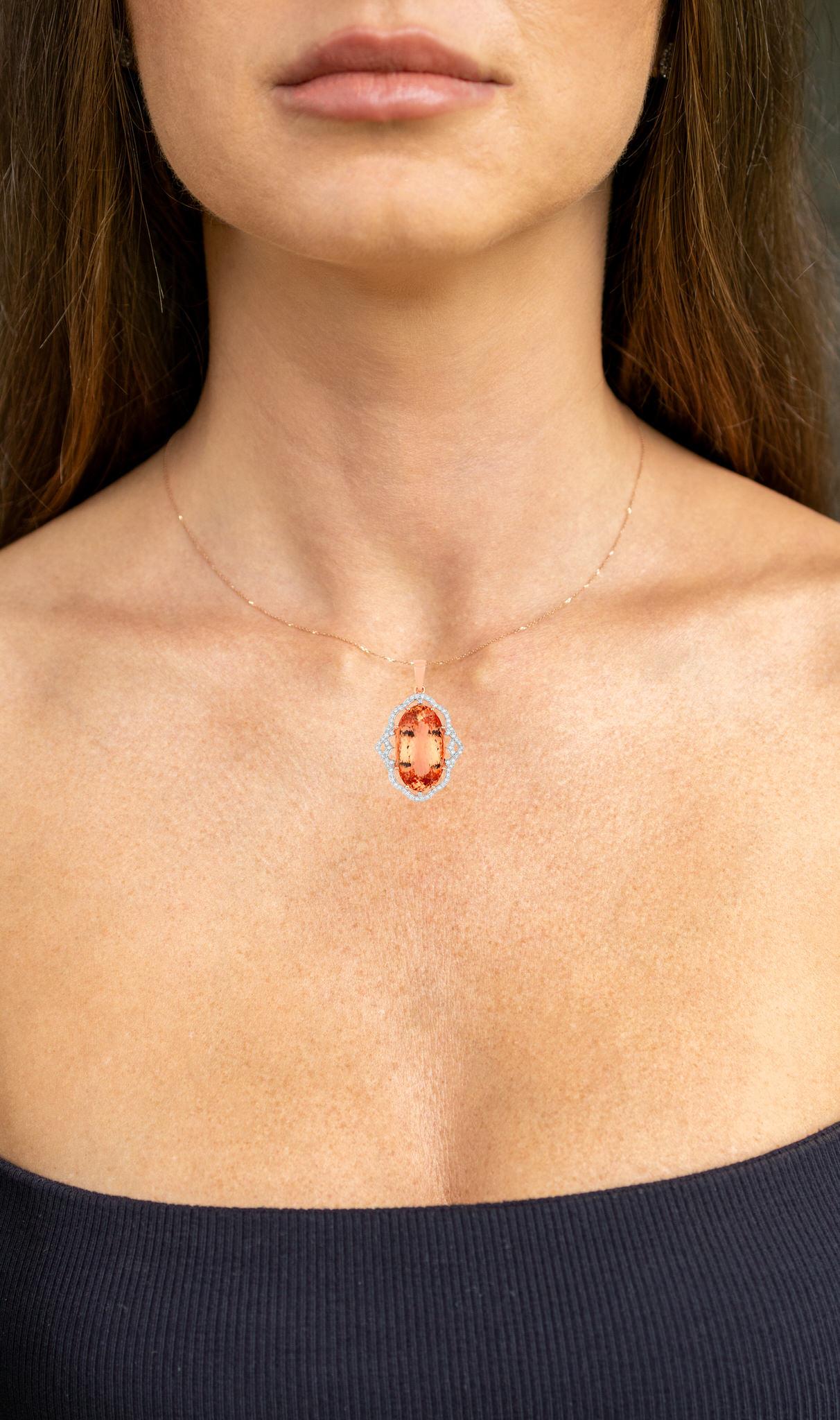 Oval Cut Morganite Pendant Necklace Diamonds 27 Carats 14K Rose Gold For Sale