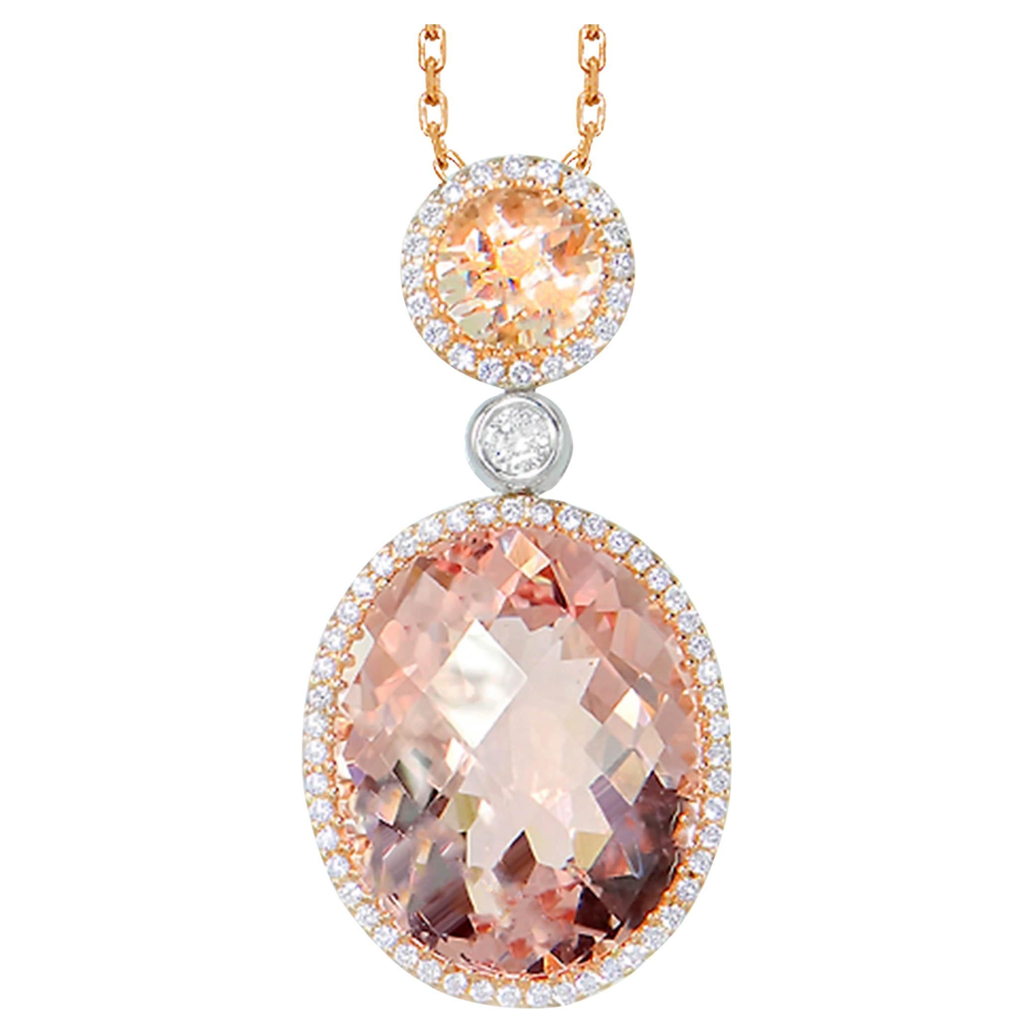 Morganite Pendant Necklace With Diamonds 10.8 Carats 18K White Gold