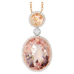 Morganite Pendant Necklace With Diamonds 10.8 Carats 18K White Gold