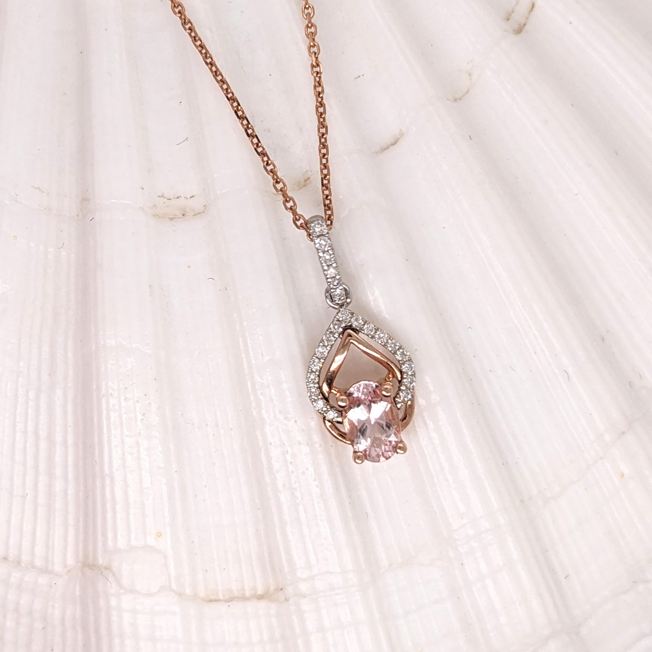 Modern Morganite Pendant w Earth Mined Diamonds in Solid 14K Dual Tone Gold Oval 6x4mm For Sale