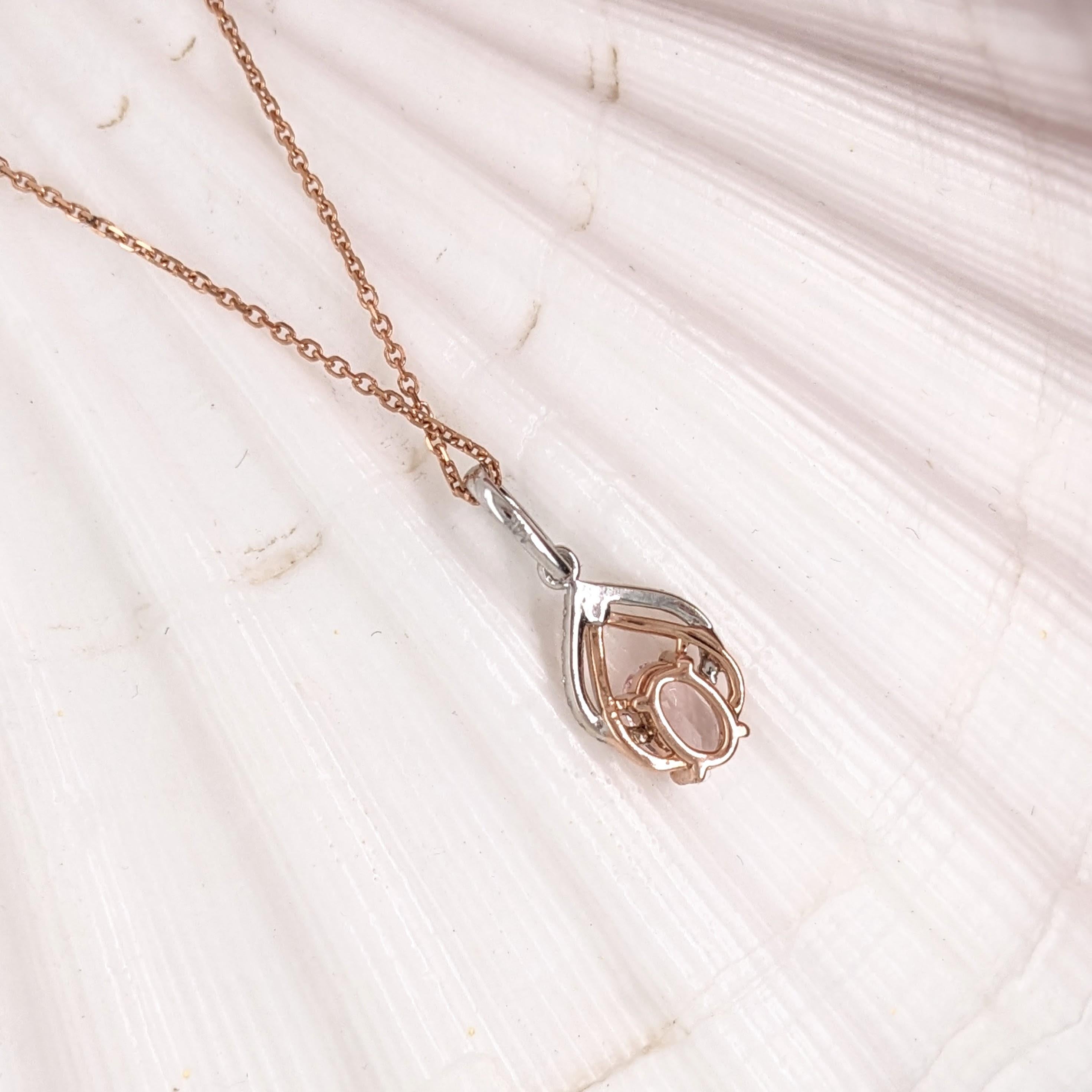 Oval Cut Morganite Pendant w Earth Mined Diamonds in Solid 14K Dual Tone Gold Oval 6x4mm For Sale