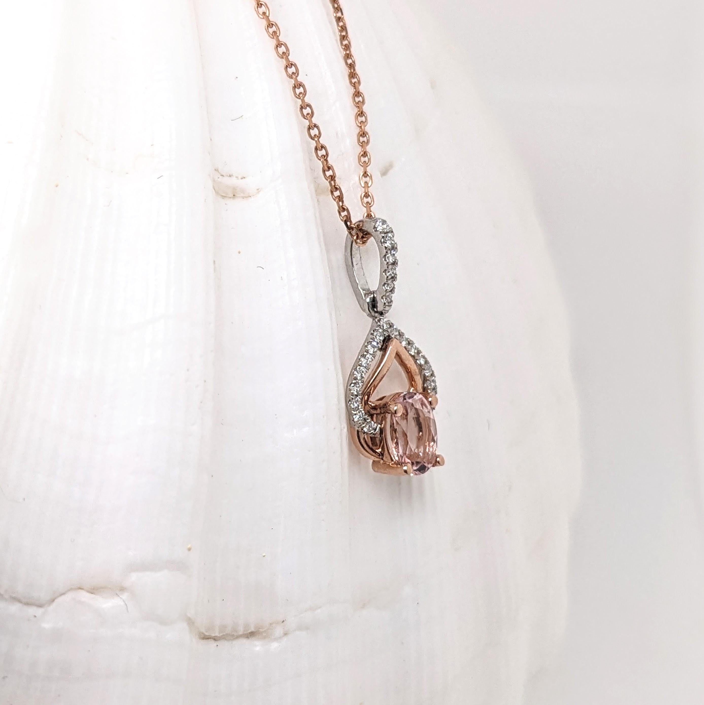 Morganite Pendant w Earth Mined Diamonds in Solid 14K Dual Tone Gold Oval 6x4mm In New Condition In Columbus, OH