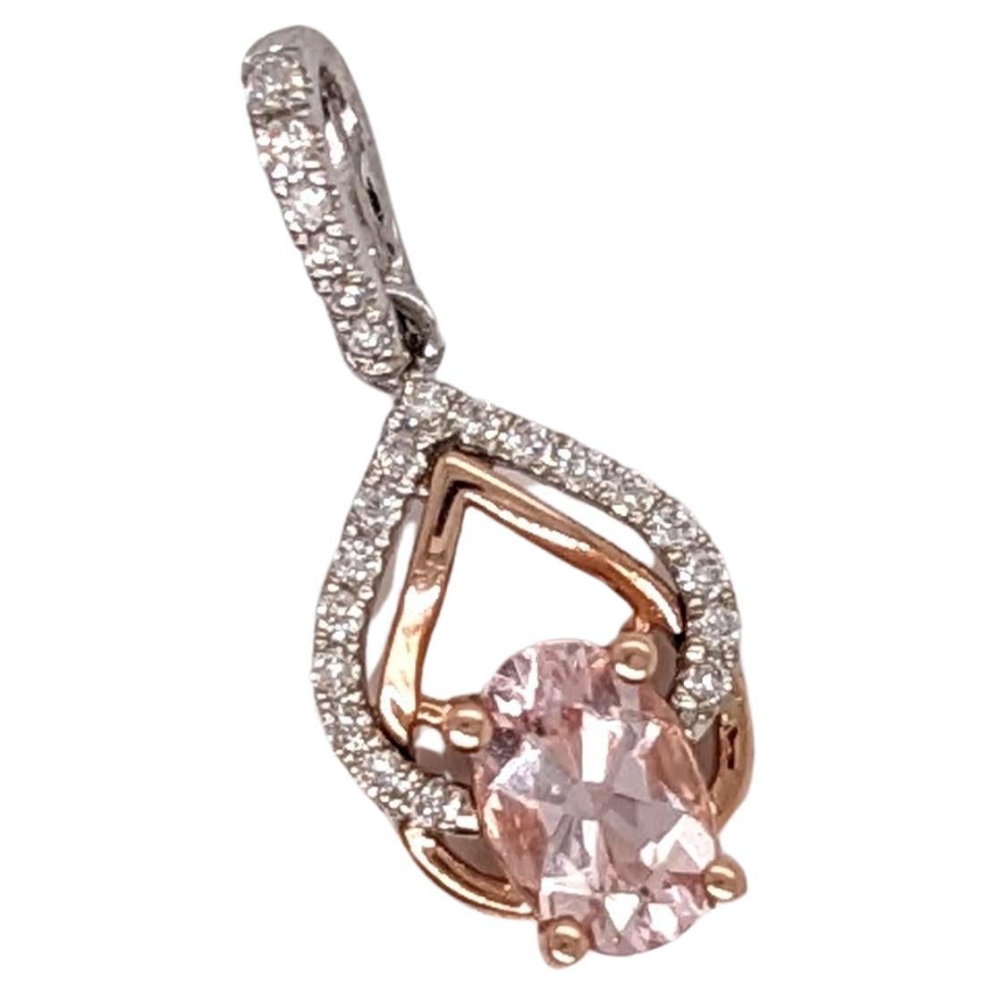 Morganite Pendant w Earth Mined Diamonds in Solid 14K Dual Tone Gold Oval 6x4mm For Sale