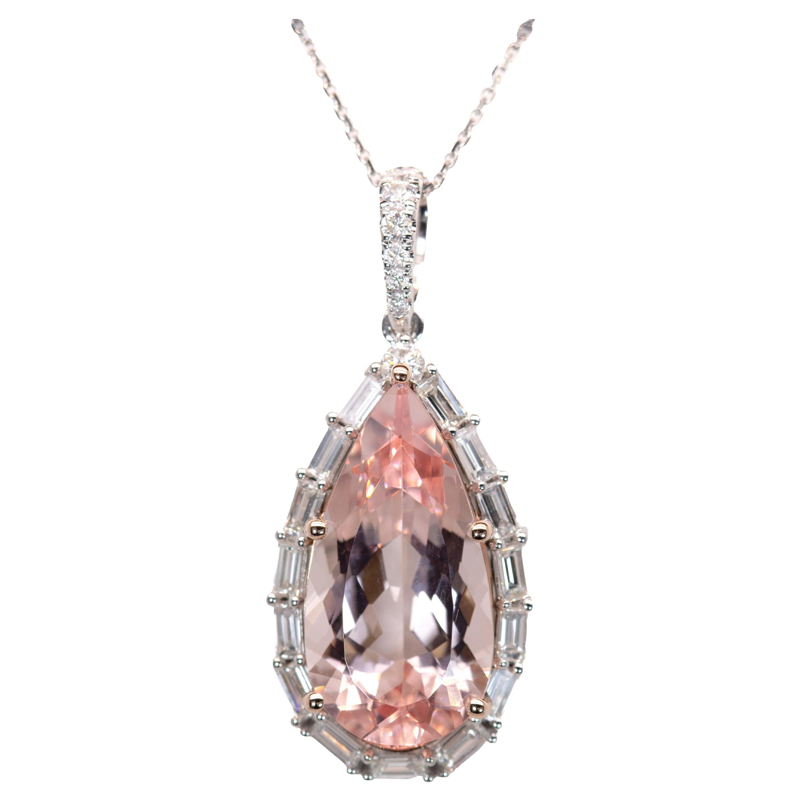 Ciondolo in morganite con diamanti naturali: Oro bianco massiccio 14k, 21x11mm