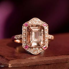 Morganit Rosa Rubin Diamant Ring im Art-Déco-Stil aus 14 Karat Roségold