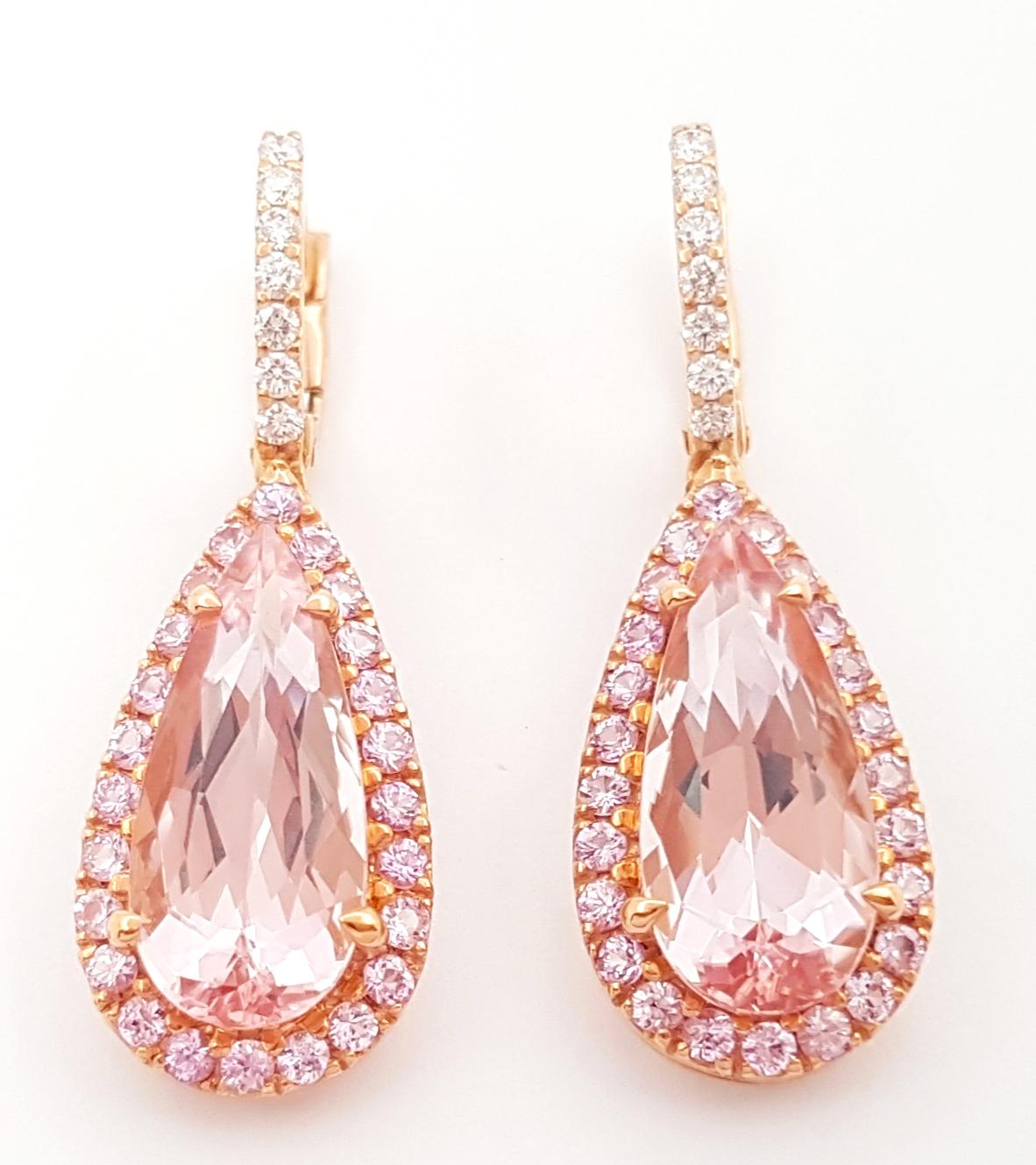 Contemporary Morganite, Pink Sapphire and Diamond Earrings set in 18K Rose Gold Settings For Sale