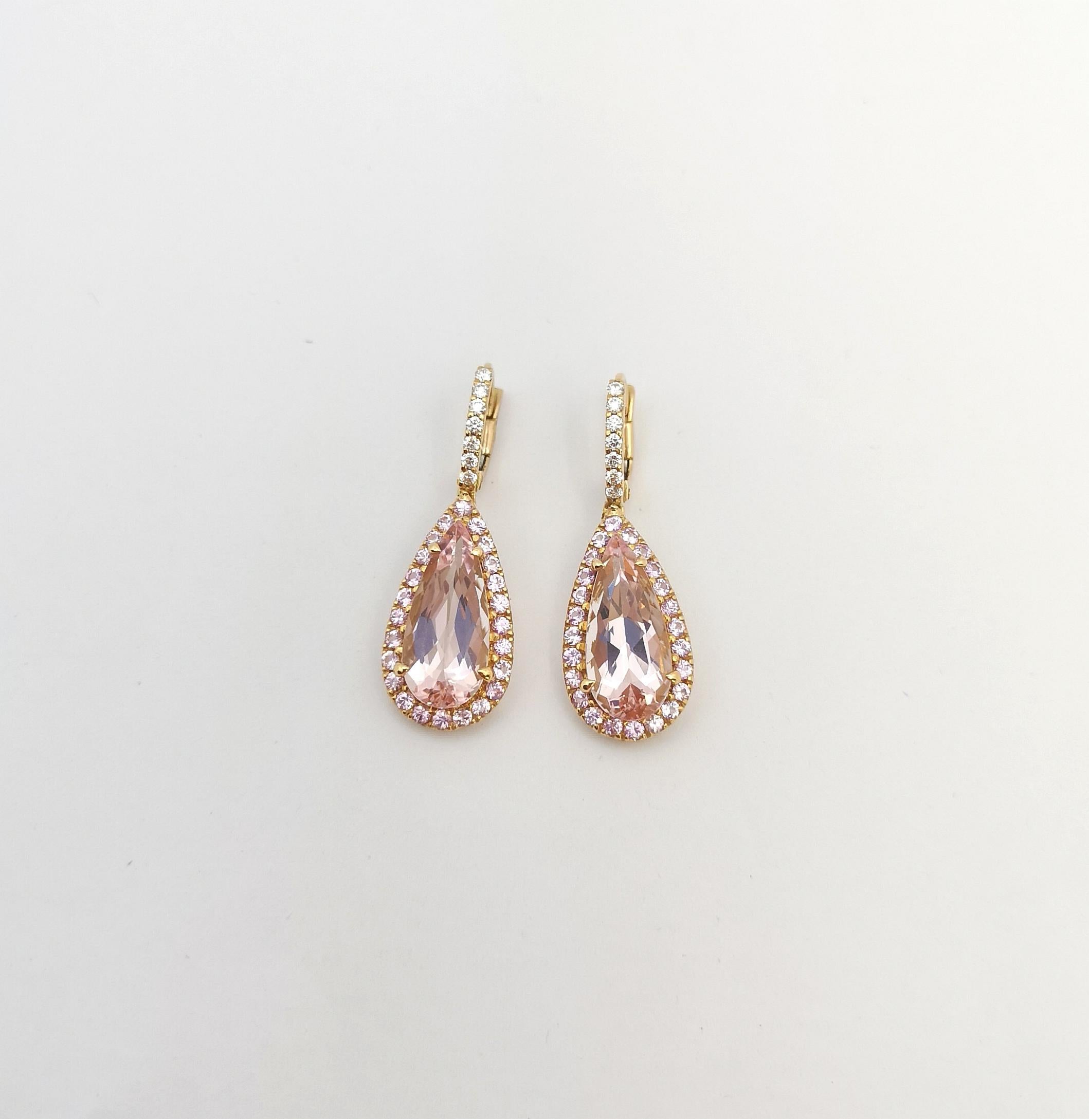 Pear Cut Morganite, Pink Sapphire and Diamond Earrings set in 18K Rose Gold Settings For Sale