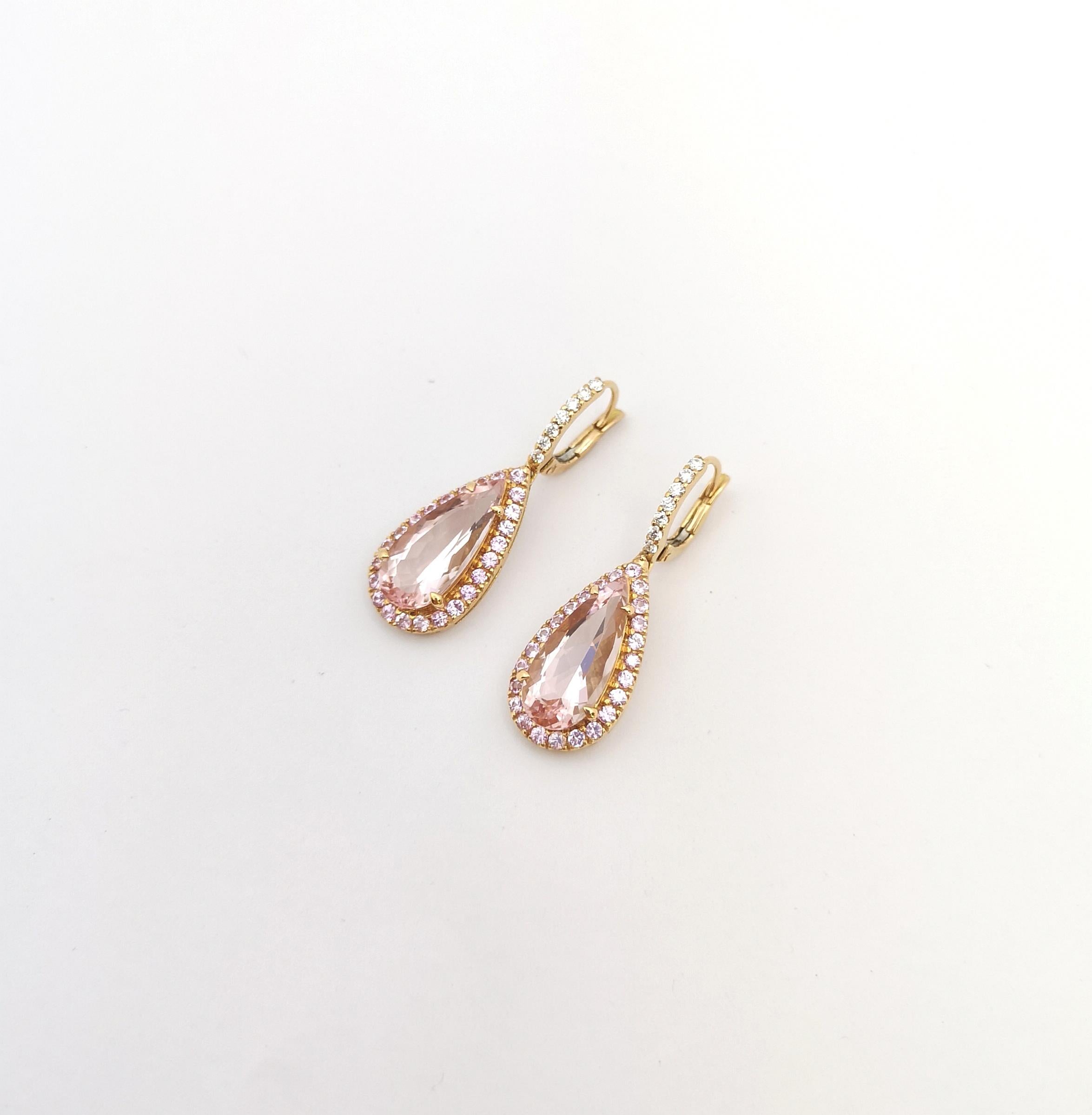 Morganite, Pink Sapphire and Diamond Earrings set in 18K Rose Gold Settings In New Condition For Sale In Bangkok, TH