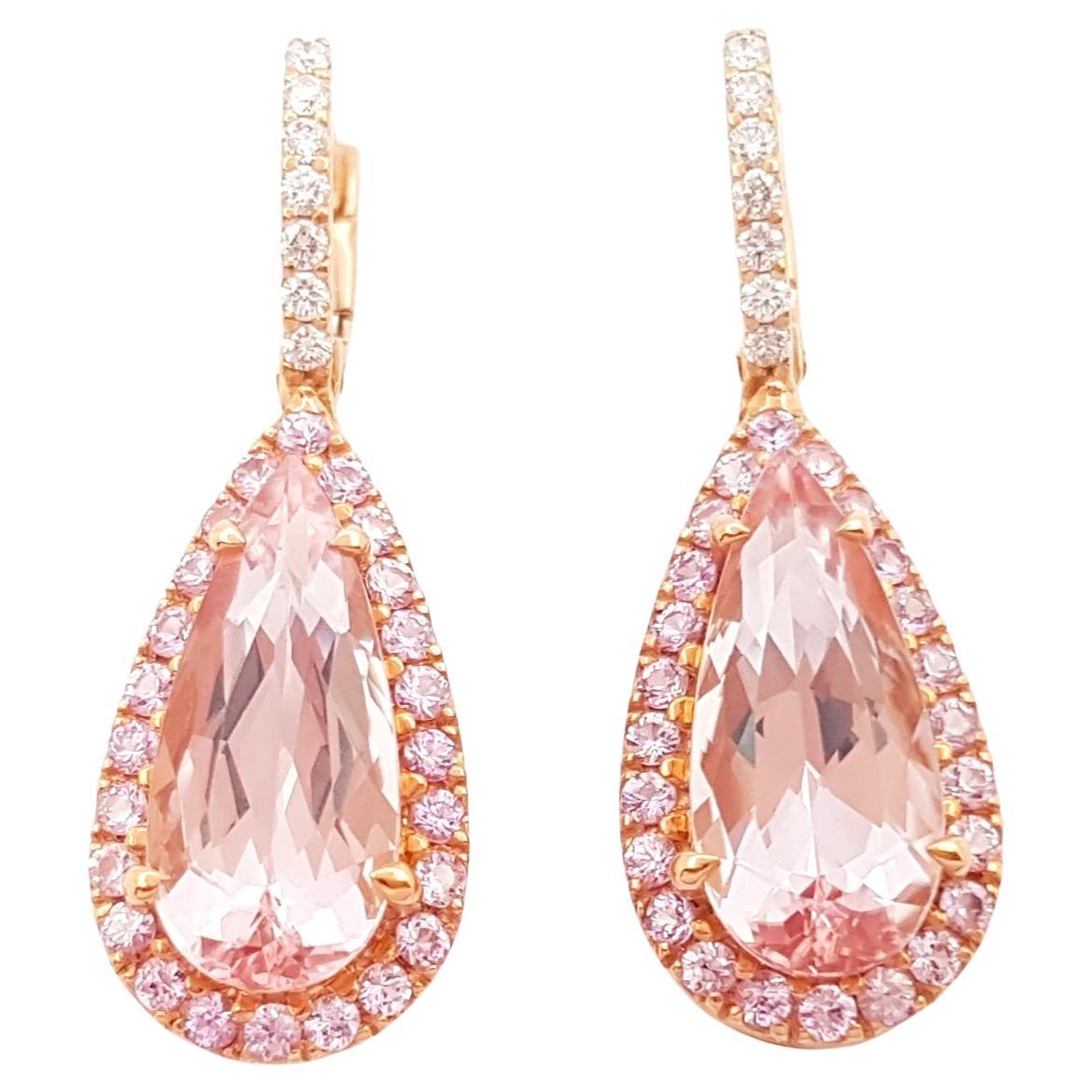 Morganite, Pink Sapphire and Diamond Earrings set in 18K Rose Gold Settings For Sale