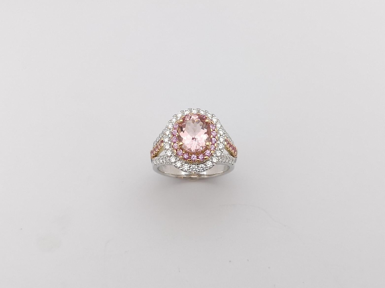 Women's Morganite, Pink Sapphire and Diamond Ring in 18 Karat White/Rose Gold Settings For Sale