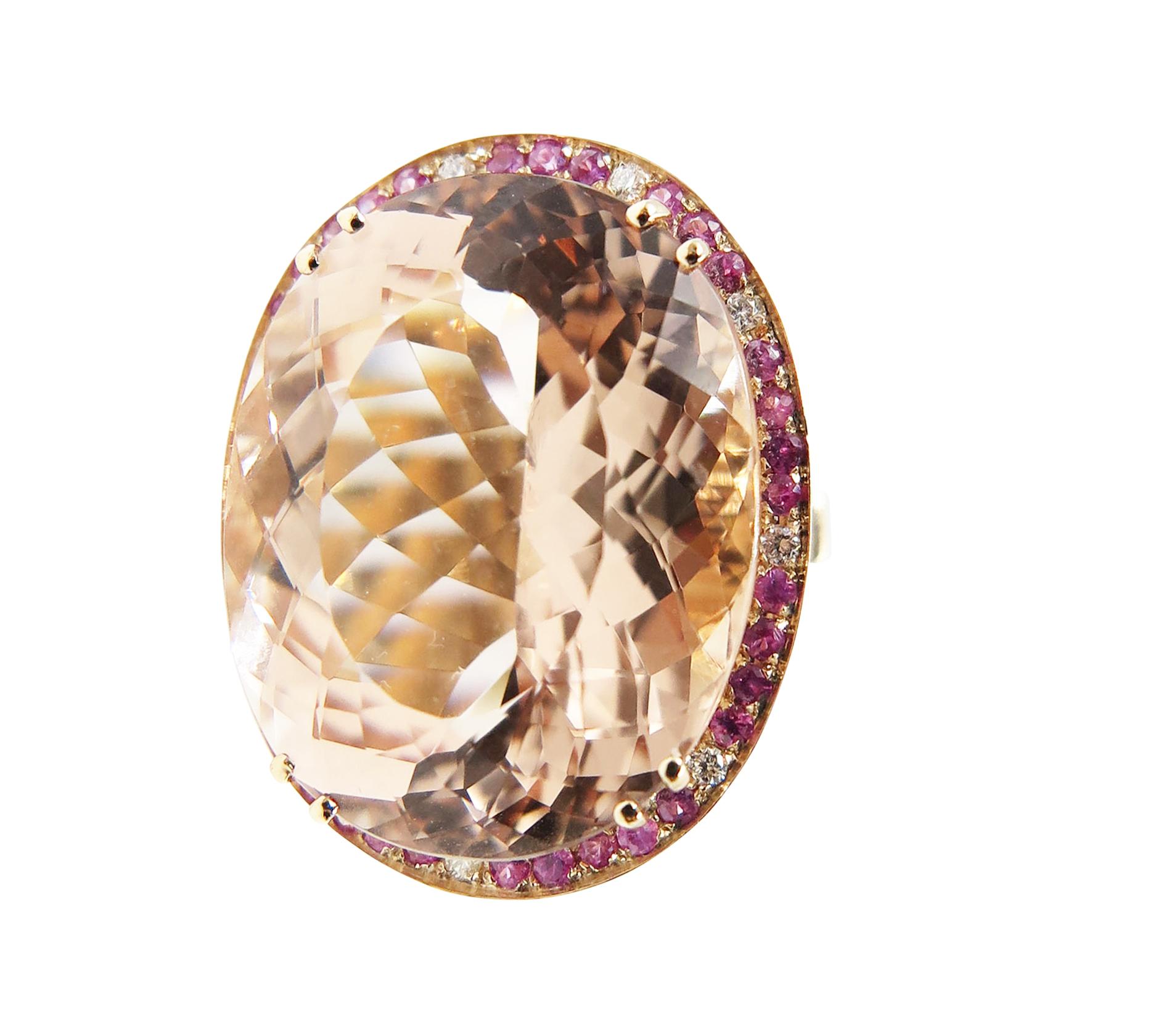 Modern Morganite Pink Sapphire Diamond 18 Karat Rose Gold Cocktail Ring For Sale