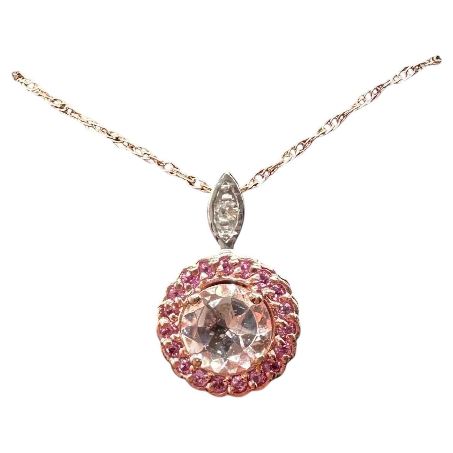 Morganite Pink Sapphire Diamond Necklace 10kt Rose Gold 18in New