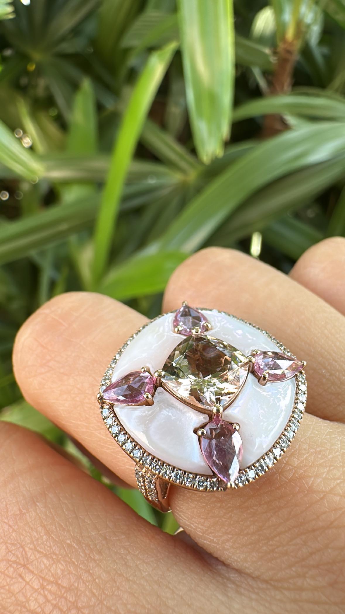 Morganite, Pink Sapphires, Mother of Pearls & Diamonds Cocktail Ring in 18K Gold For Sale 4