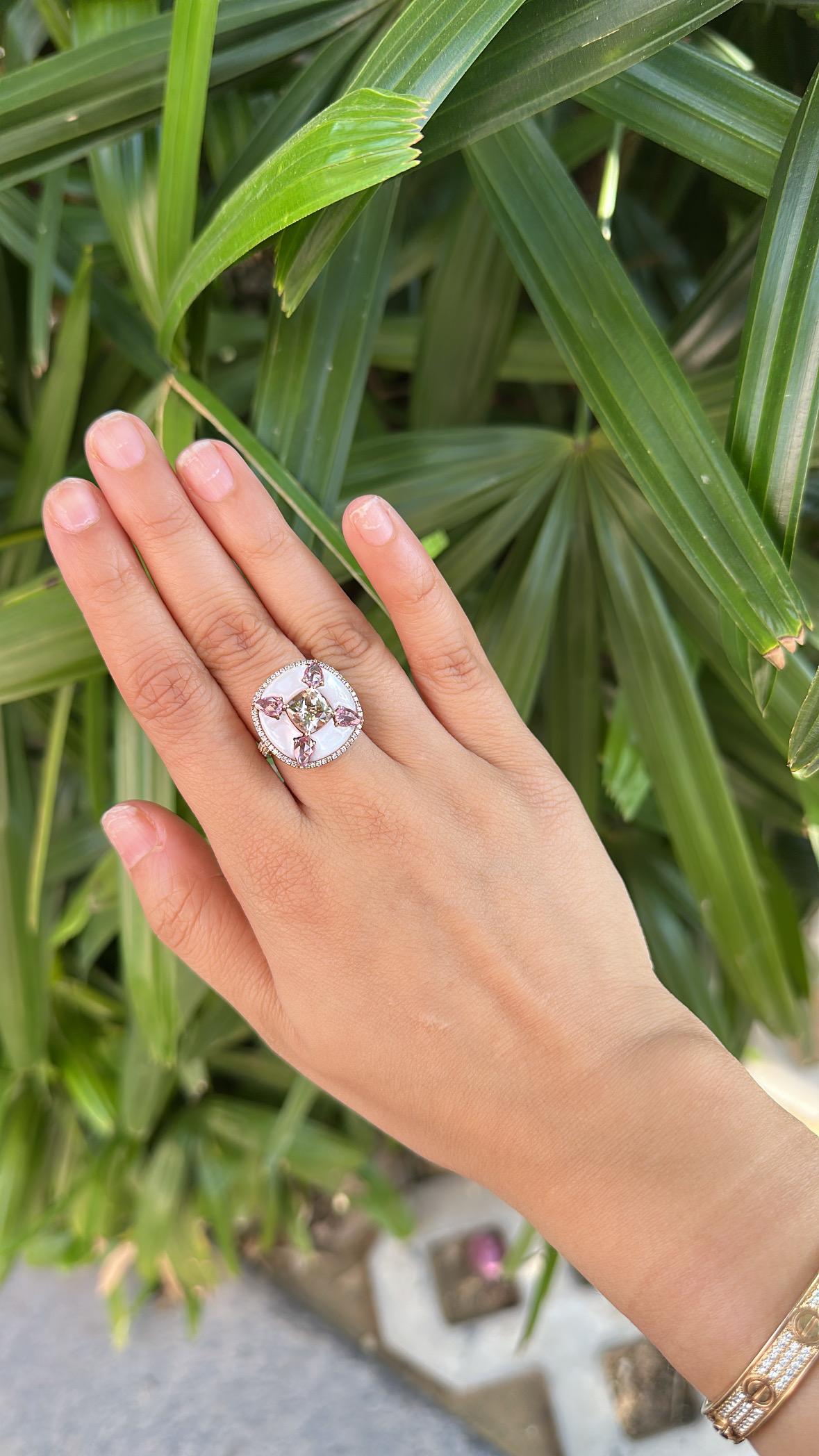 Morganite, Pink Sapphires, Mother of Pearls & Diamonds Cocktail Ring in 18K Gold For Sale 5