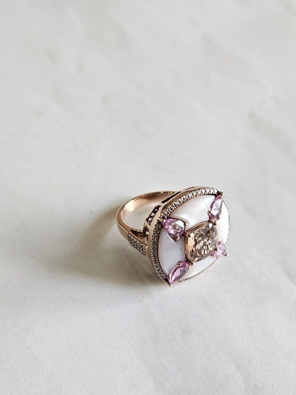 Pear Cut Morganite, Pink Sapphires, Mother of Pearls & Diamonds Cocktail Ring in 18K Gold For Sale