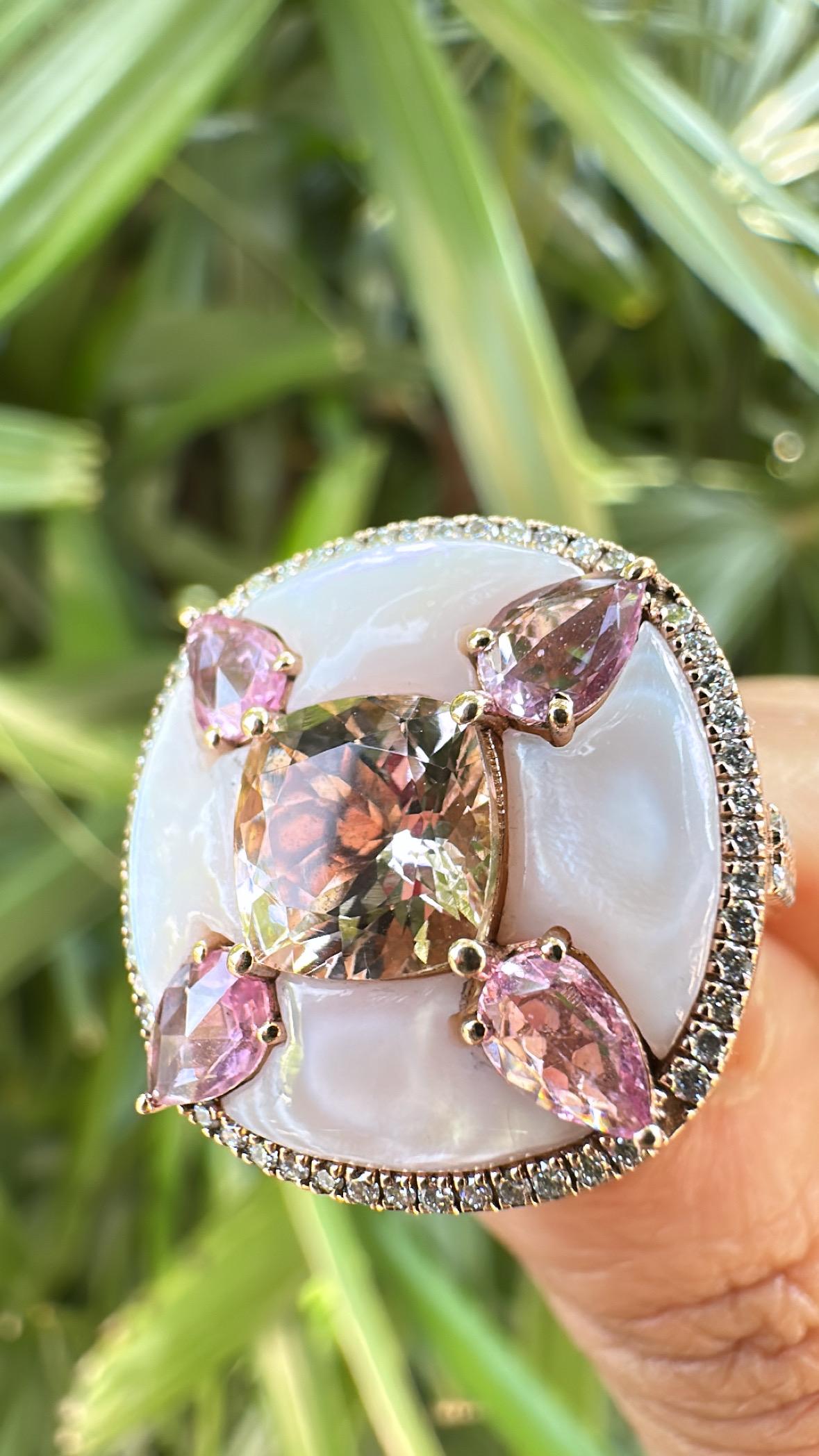 Women's or Men's Morganite, Pink Sapphires, Mother of Pearls & Diamonds Cocktail Ring in 18K Gold For Sale
