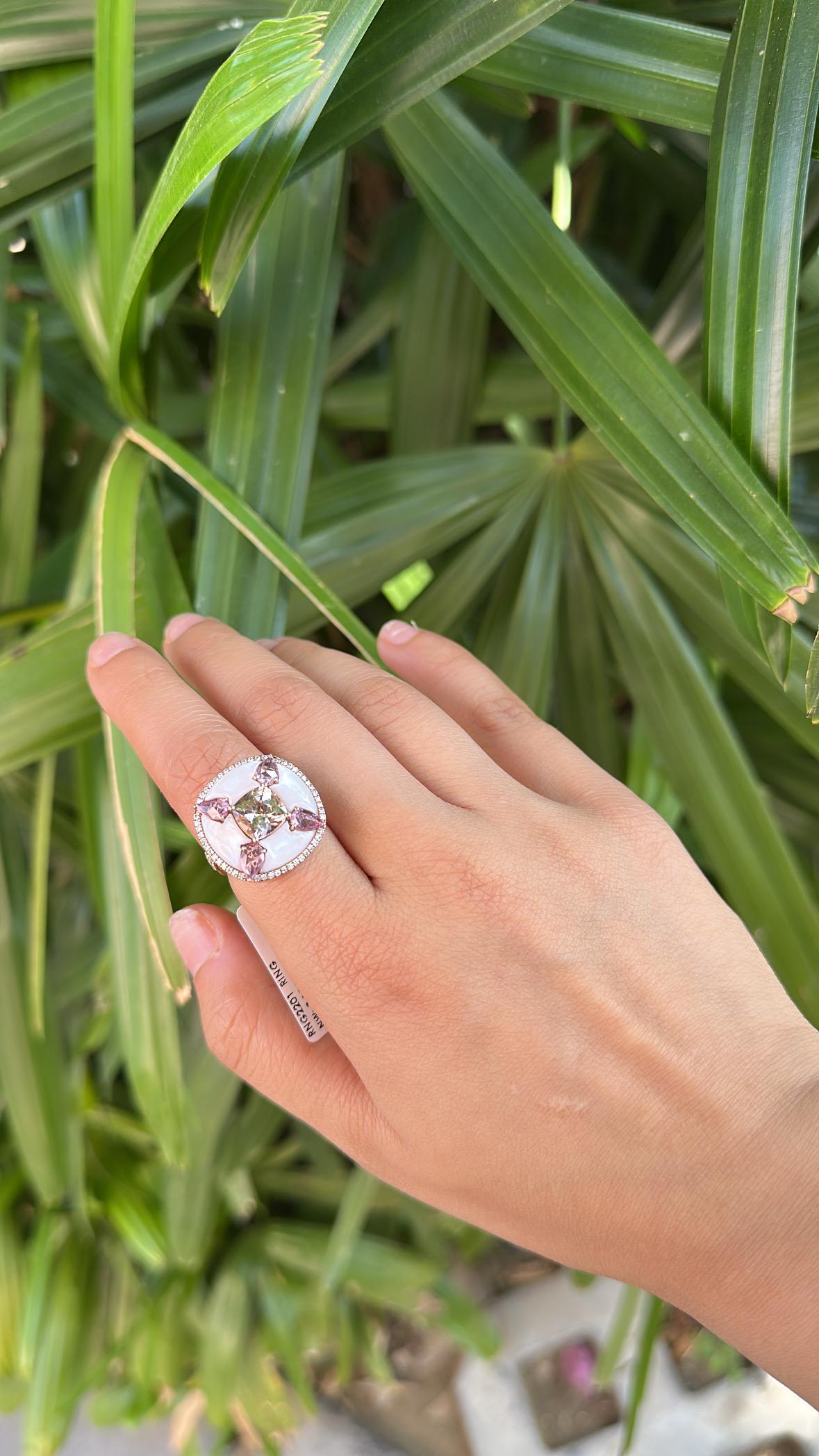 Morganite, Pink Sapphires, Mother of Pearls & Diamonds Cocktail Ring in 18K Gold For Sale 1