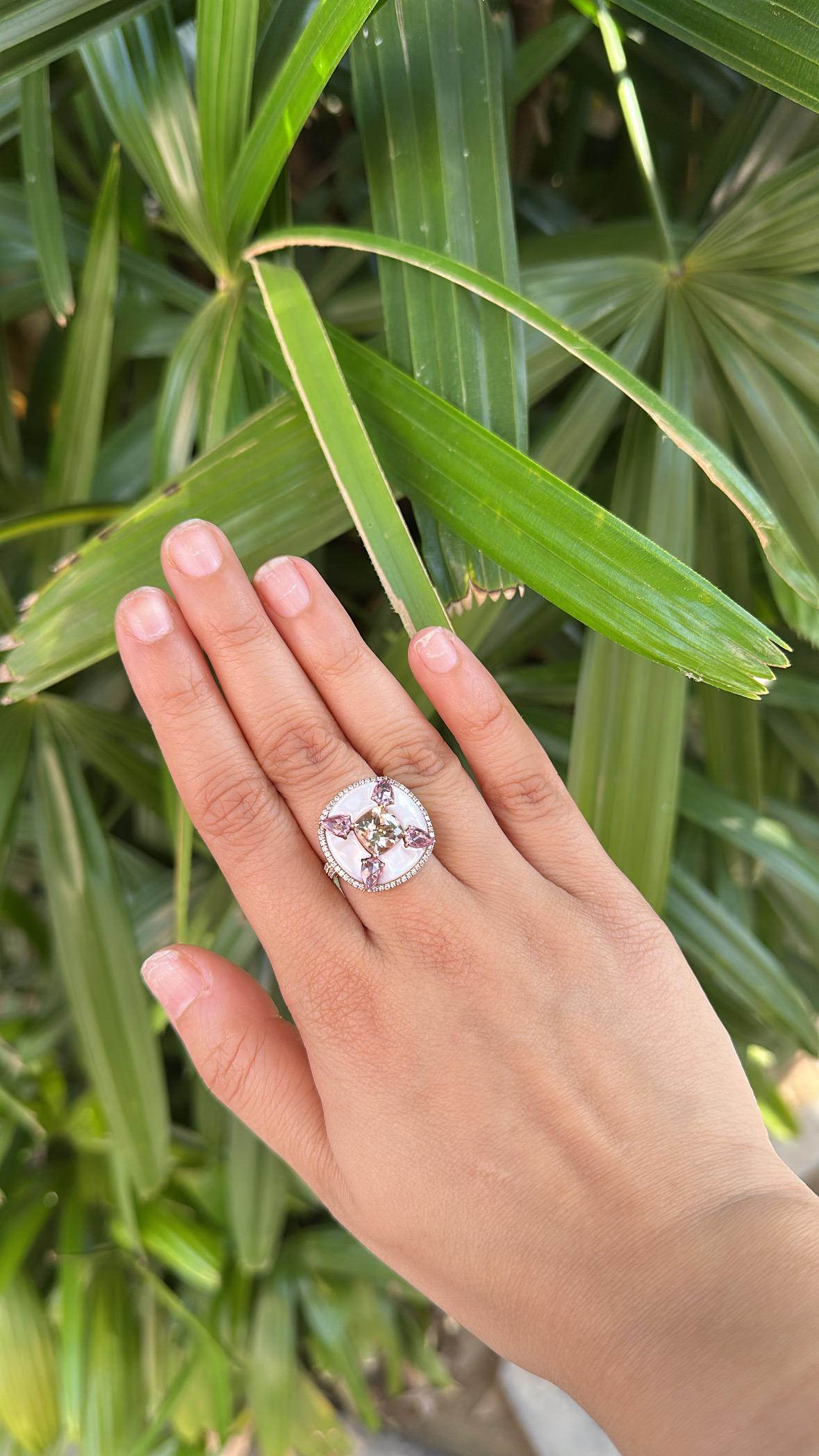 Morganite, Pink Sapphires, Mother of Pearls & Diamonds Cocktail Ring in 18K Gold For Sale 2