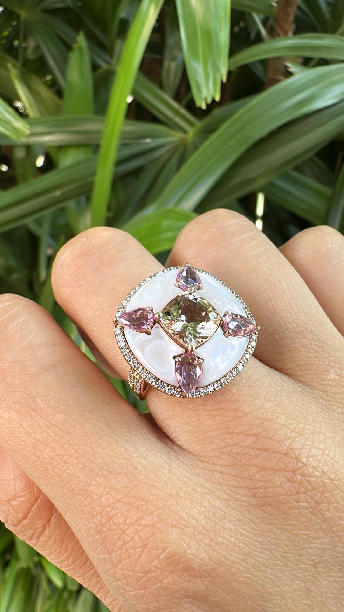 Morganite, Pink Sapphires, Mother of Pearls & Diamonds Cocktail Ring in 18K Gold For Sale 3