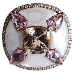 Morganite, Pink Sapphires, Mother of Pearls & Diamonds Cocktail Ring in 18K Gold