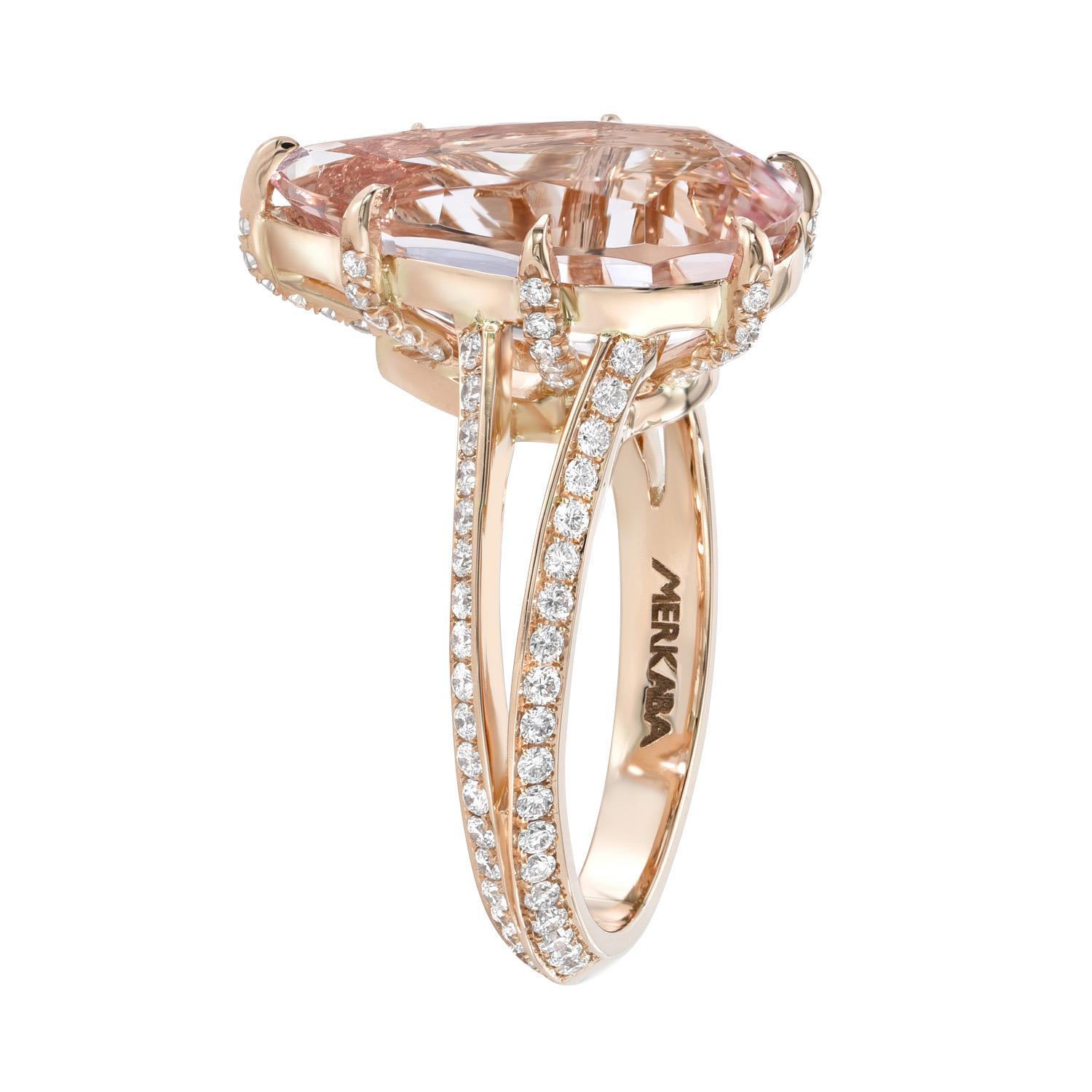 Remarkable 5.38 carat Morganite pear shape nestled in a magnificent 0.65 carat micro-pave, collection, diamond ring in 18K rose gold.
Ring size 6. Resizing is complementary upon request.
Crafted by extremely skilled hands in the USA.
Returns are