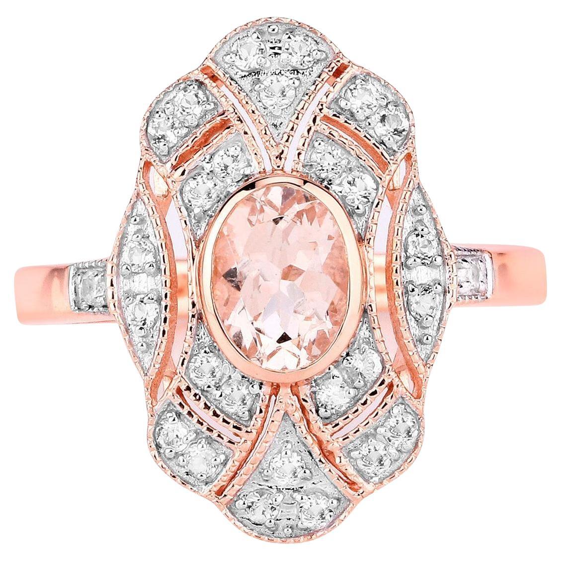 Bague Morganite Topaze Blanche 1.11 Carats Argent Plaqué Or Rose 18K en vente