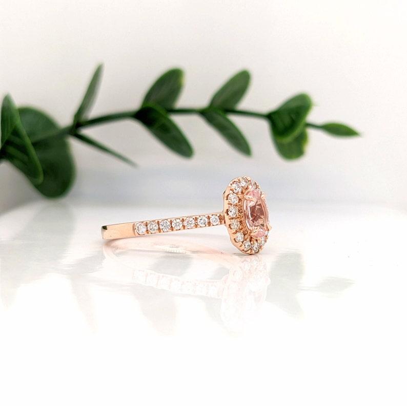 Modernist Morganite Ring with Diamond Halo in Solid 14K Rose Gold  Oval 6x4mm For Sale