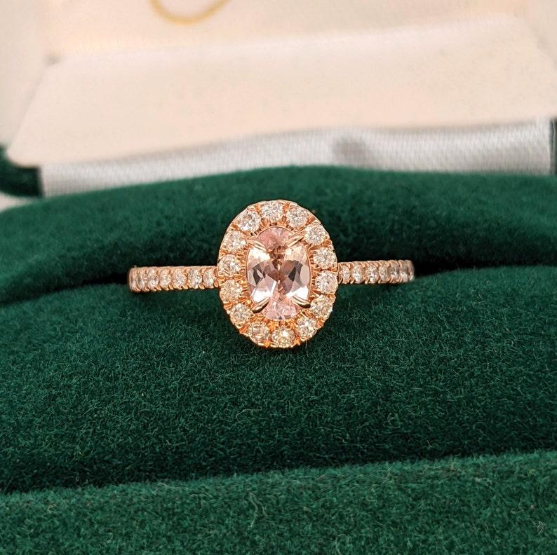 Women's Morganite Ring with Diamond Halo in Solid 14K Rose Gold  Oval 6x4mm For Sale