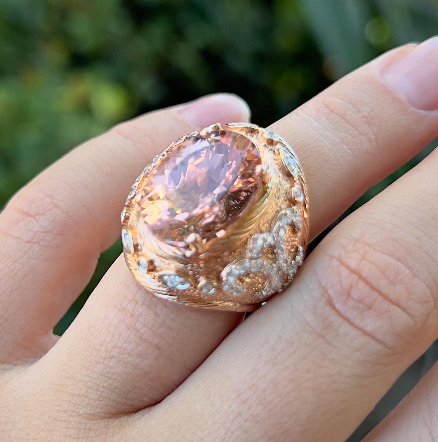Contemporary Morganite Ring With Diamonds 12.60 Carats 14K Rose Gold For Sale