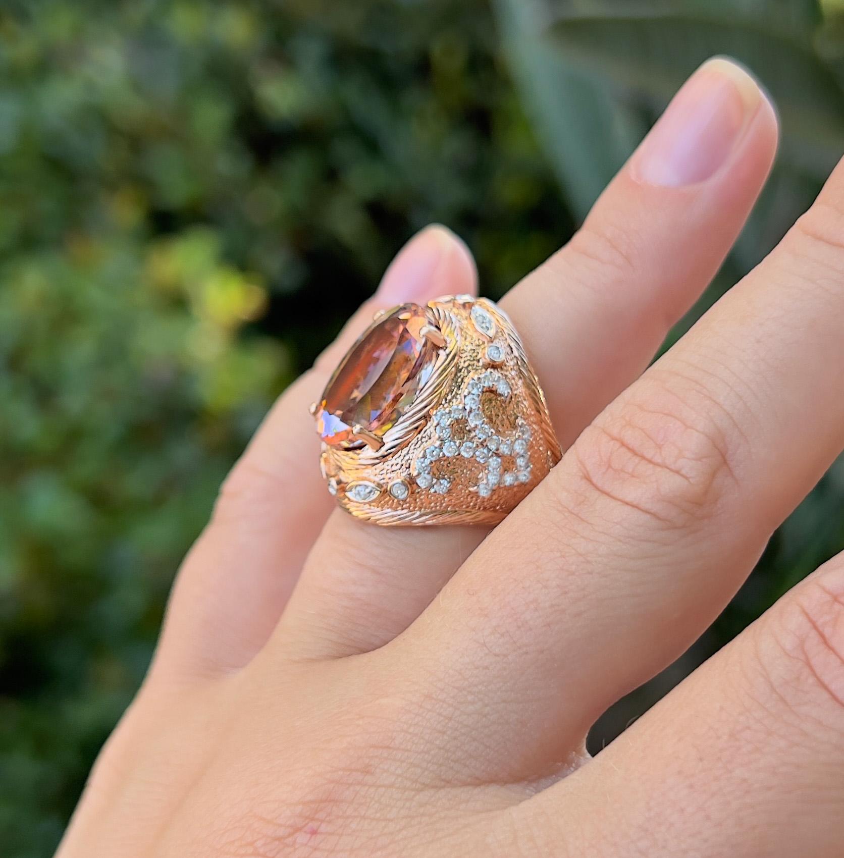 Oval Cut Morganite Ring With Diamonds 12.60 Carats 14K Rose Gold For Sale