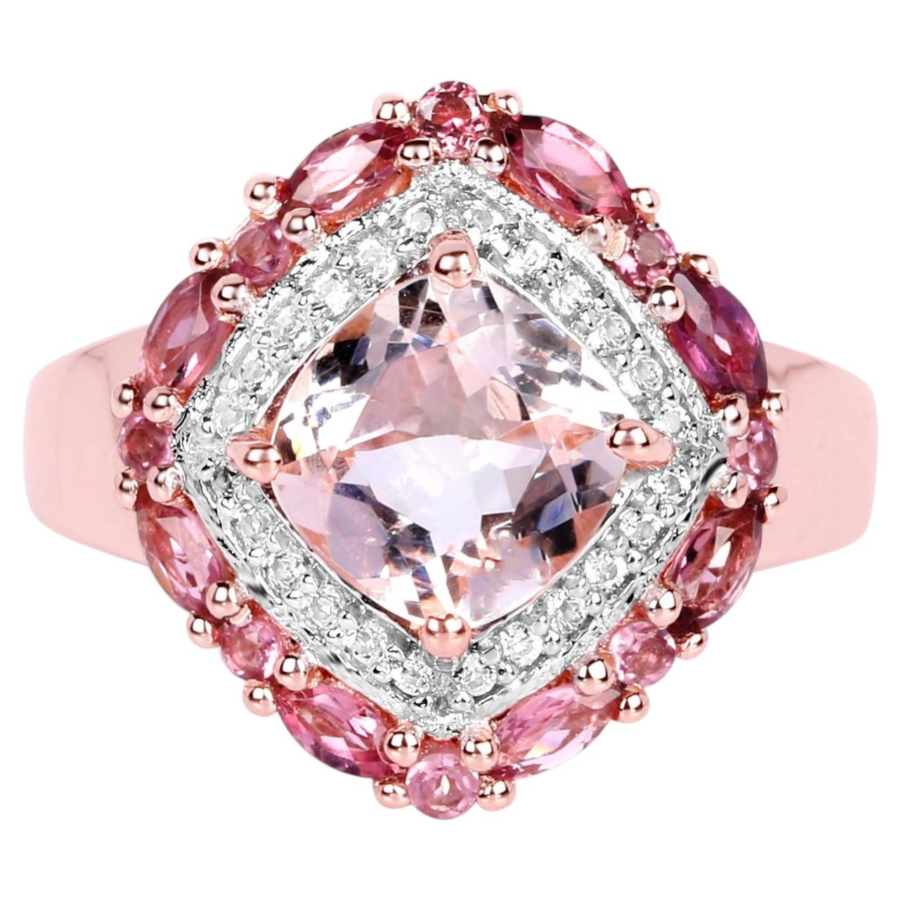 Morganite Ring With Pink Tourmaline 3.04 Carats Gold Plated Silver