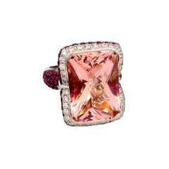 Morganite Ruby Diamond 18k White Gold Cocktail Ring