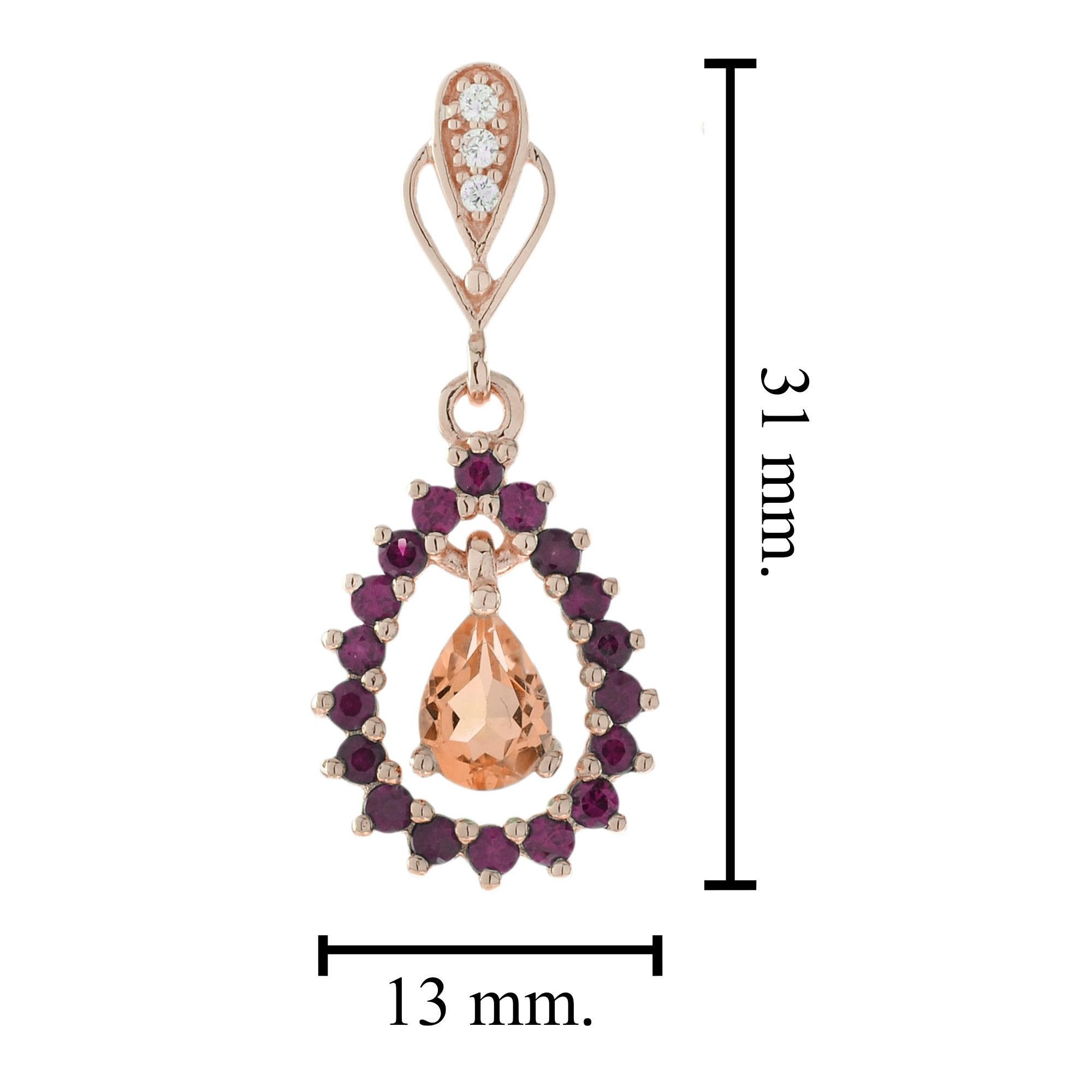 Women's Morganite Ruby Diamond Art Deco Style Drop Earrings in 14K Rose Gold For Sale